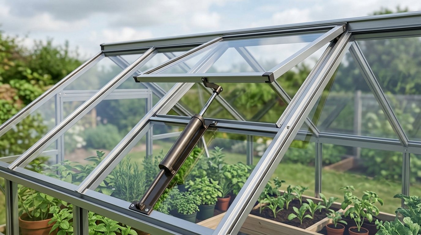 Wax-cylinder automatic vent opener installed on a greenhouse roof vent
