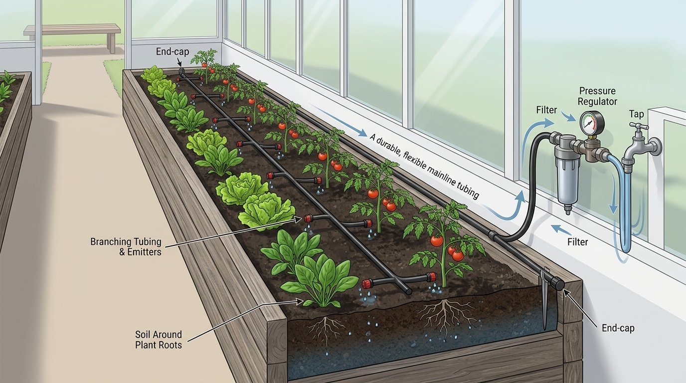 Diagram showing a tap connector with filter, mainline tubing, and emitters for a basic drip irrigation setup
