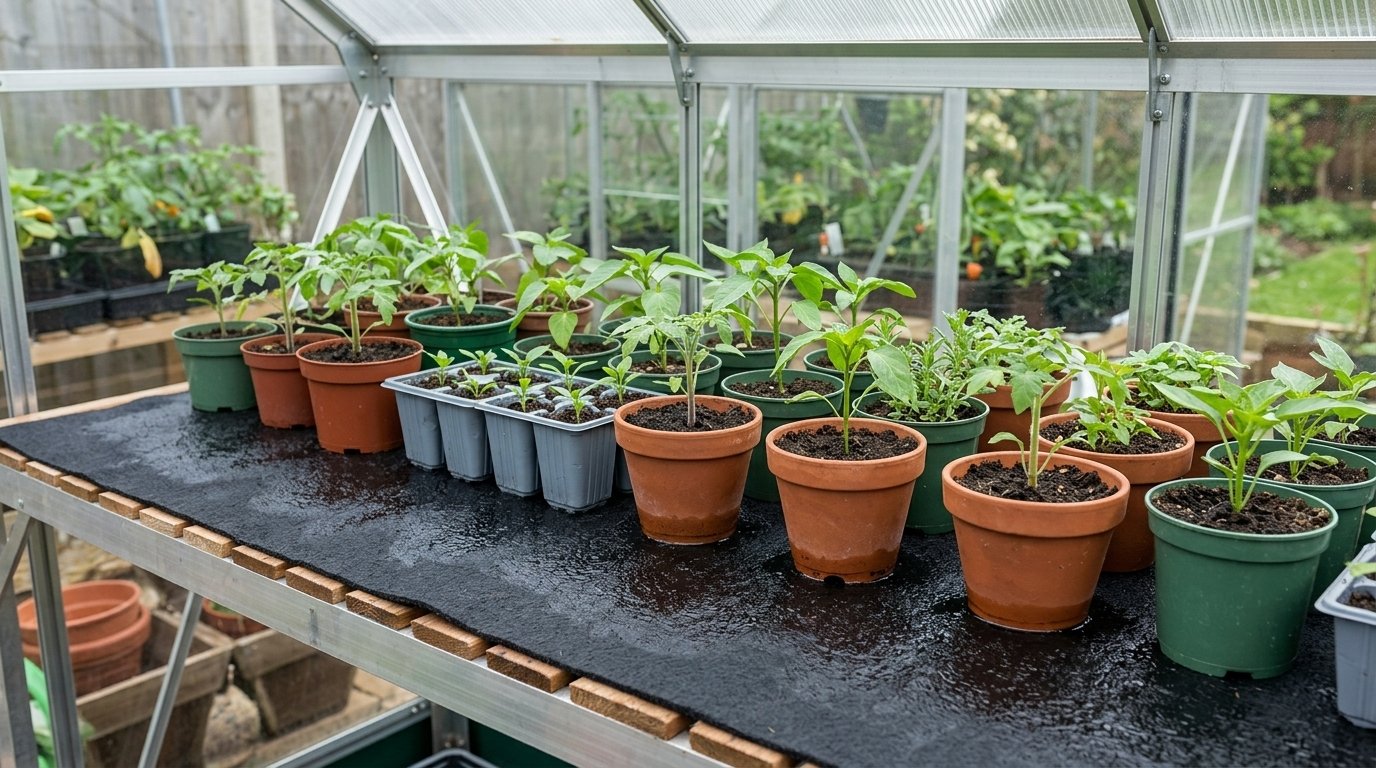 Capillary matting under seedling trays providing consistent bottom-up moisture