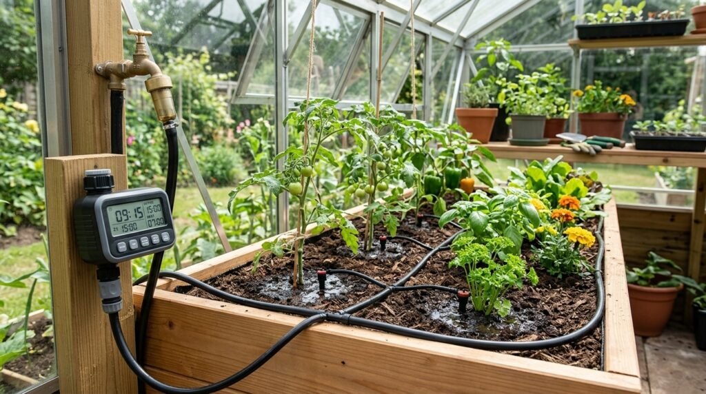 Automated watering system delivering water to greenhouse plants
