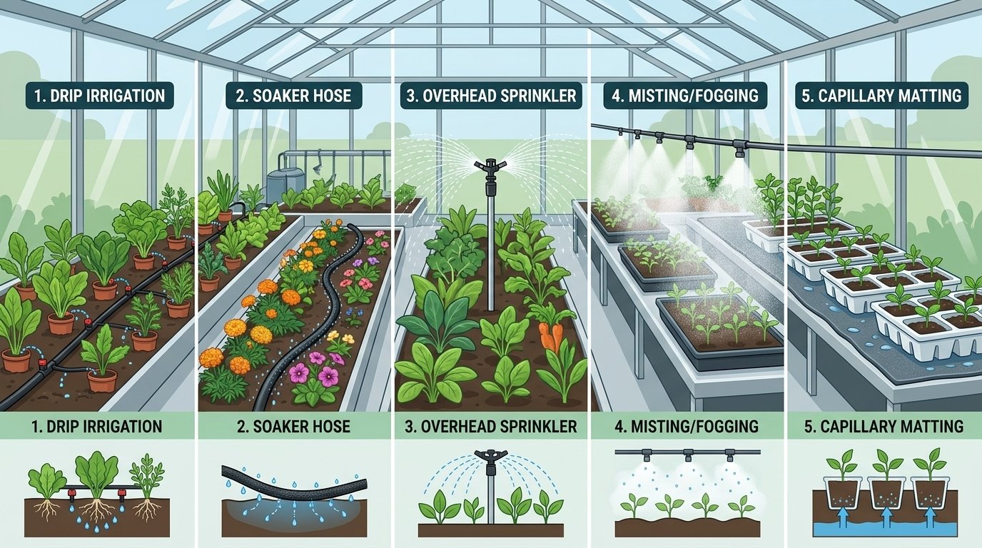 Drip irrigation line with emitters watering plants along a raised garden bed