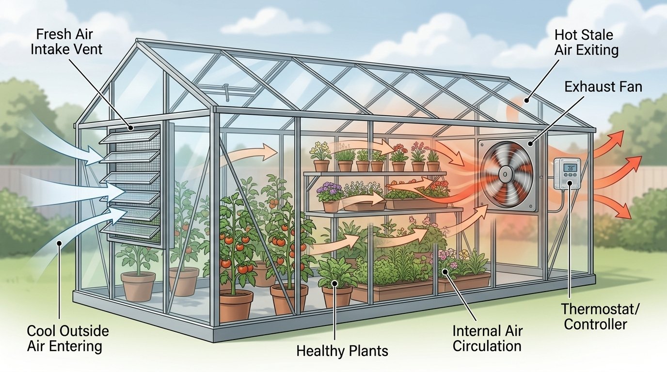 Thermostatically controlled exhaust fan mounted on a greenhouse end wall with a paired intake vent