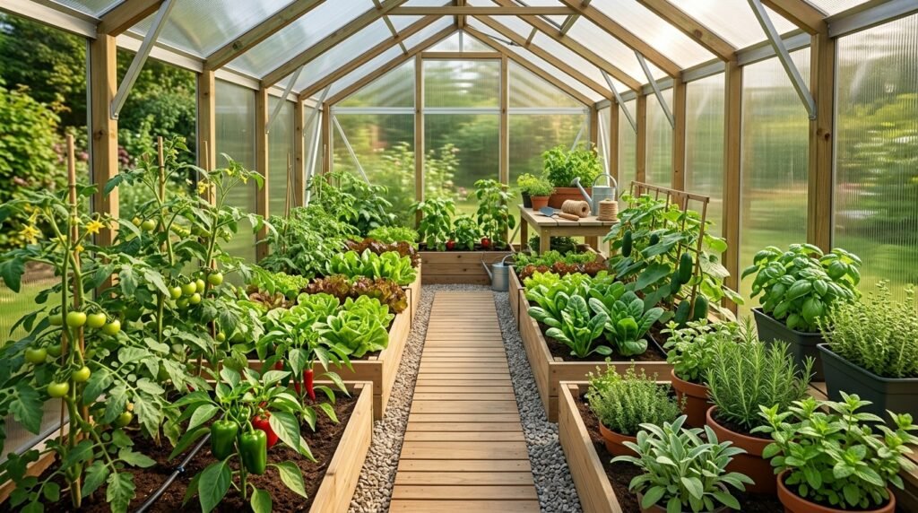 Greenhouse gardening tips with healthy vegetables and herbs