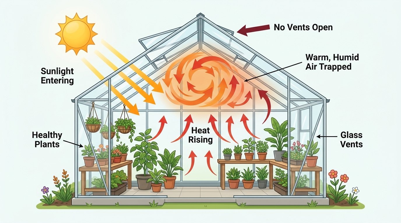 Diagram of a greenhouse showing warm air rising and becoming trapped without a roof vent