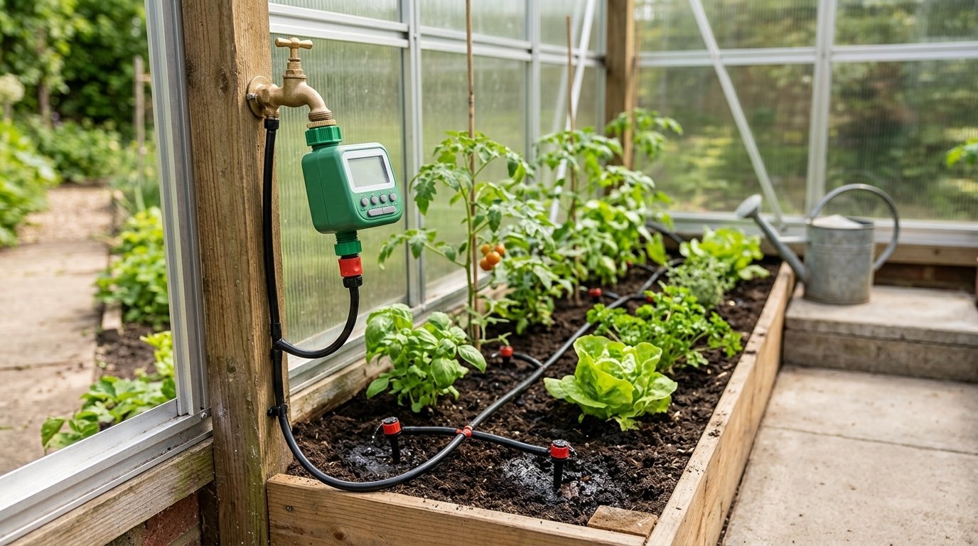Simple irrigation timer attached to an outdoor greenhouse water tap