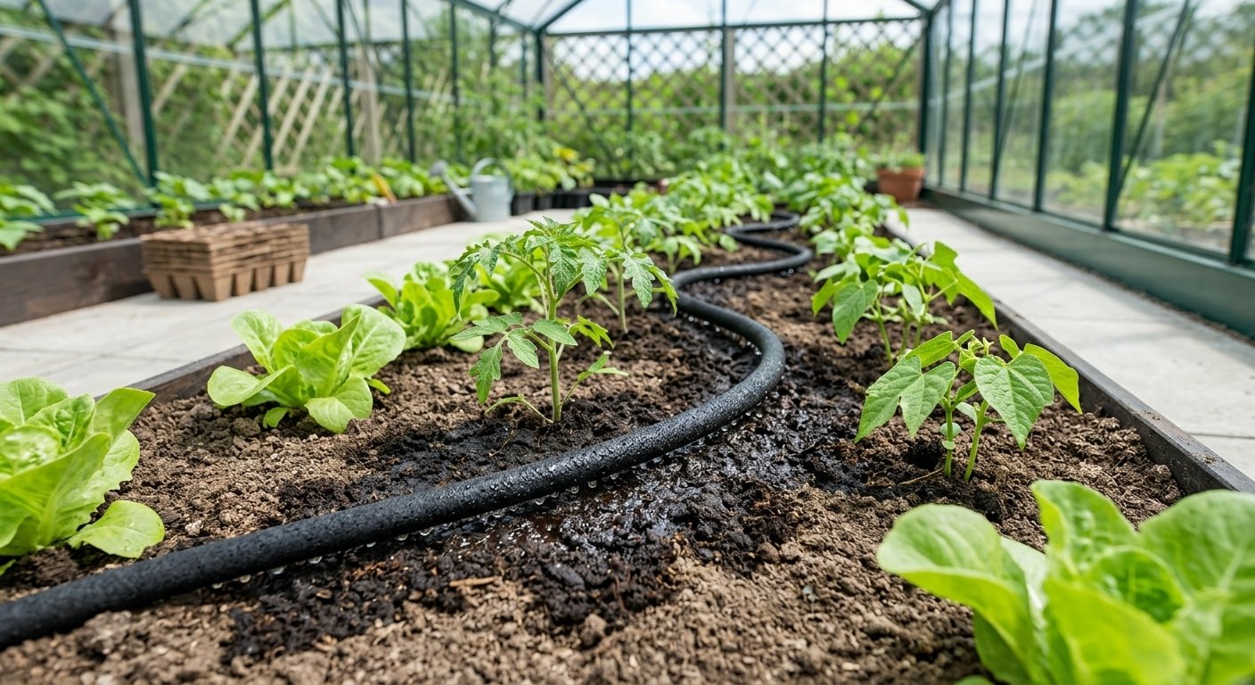 Soaker hose laid beneath mulch along a row of greenhouse plants