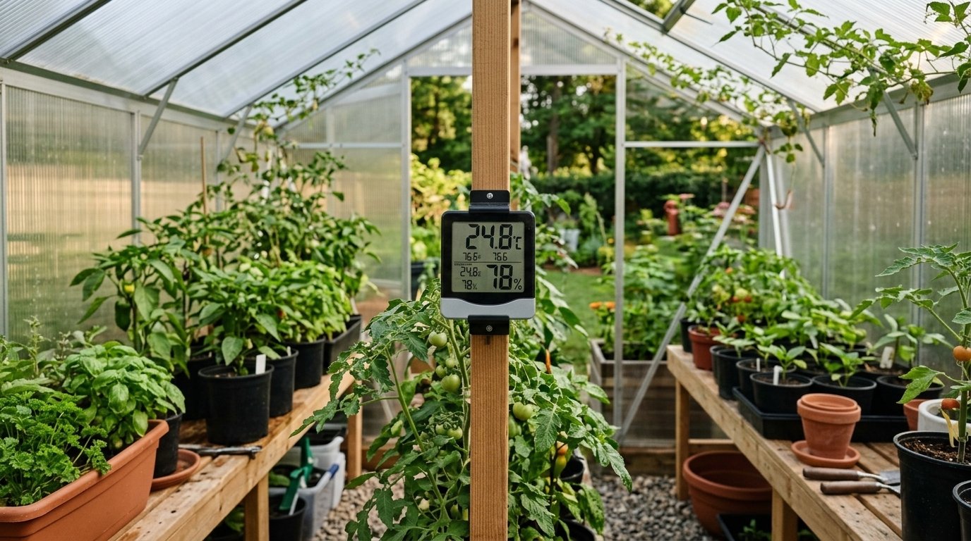 Thermometer and hygrometer mounted inside a greenhouse to monitor temperature and humidity