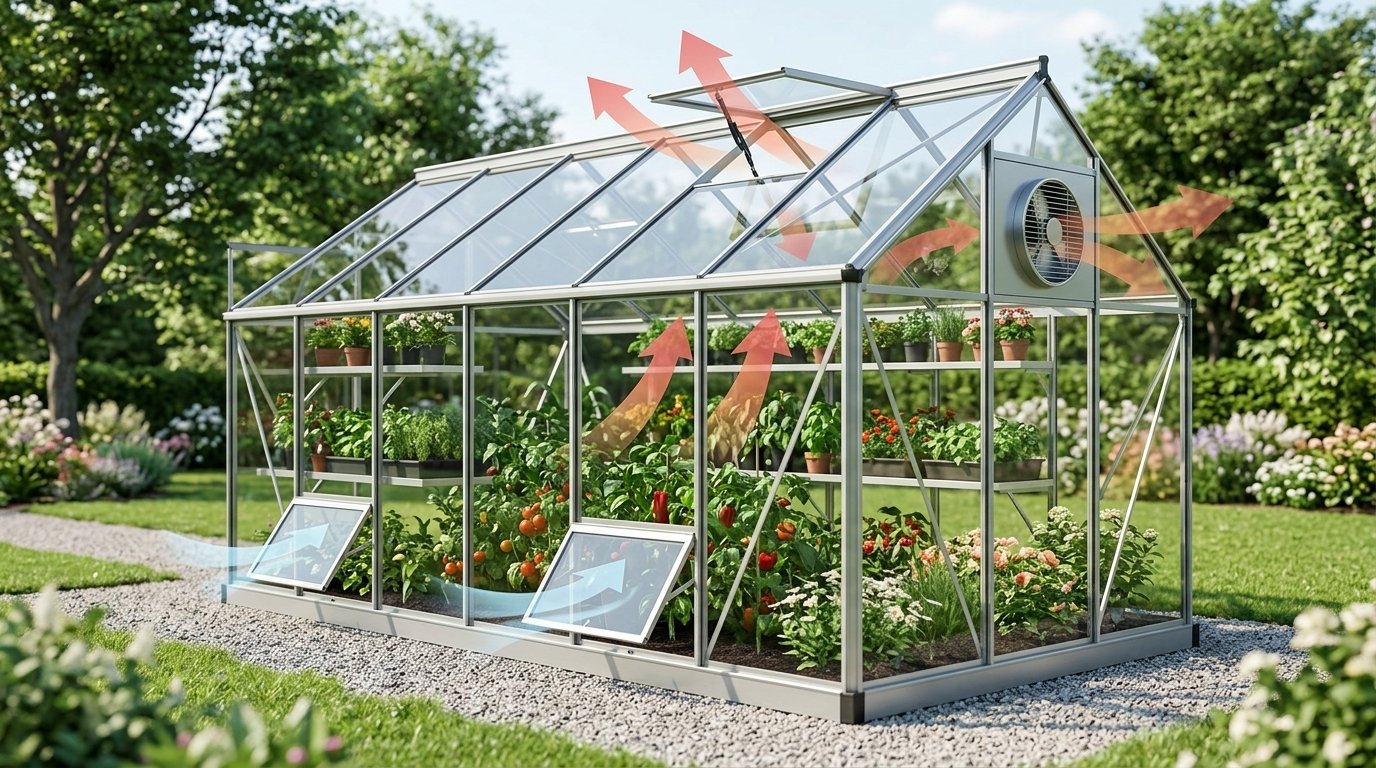 Greenhouse ventilation airflow showing warm air rising and fresh air entering
