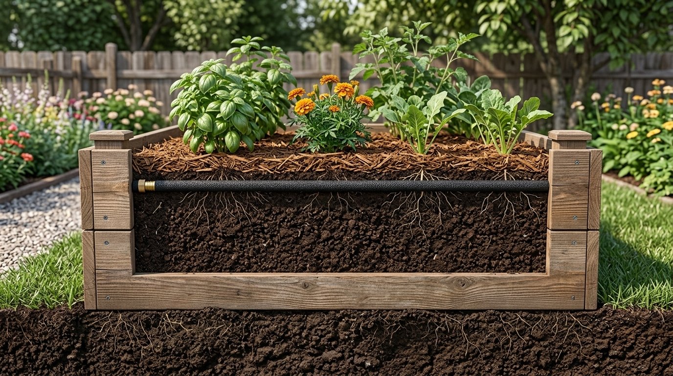 Cross-section diagram of a soaker hose laid beneath mulch in a raised garden bed