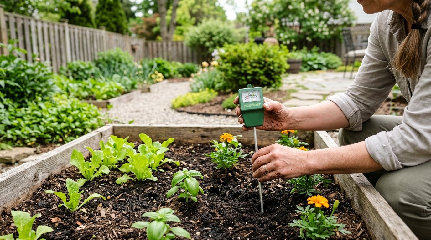 Gardener testing soil pH with a home test kit next to a raised garden bed