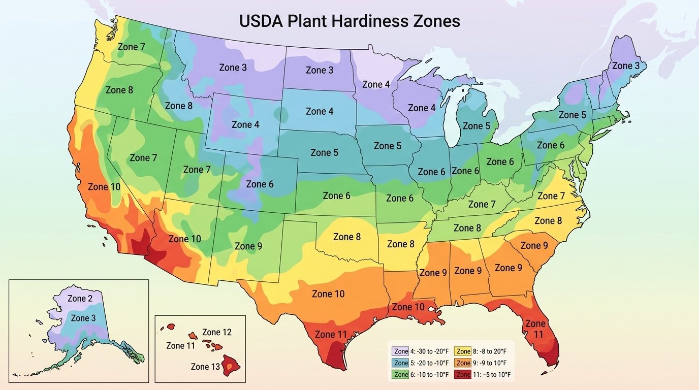 Map of general USDA Plant Hardiness Zone bands across the United States