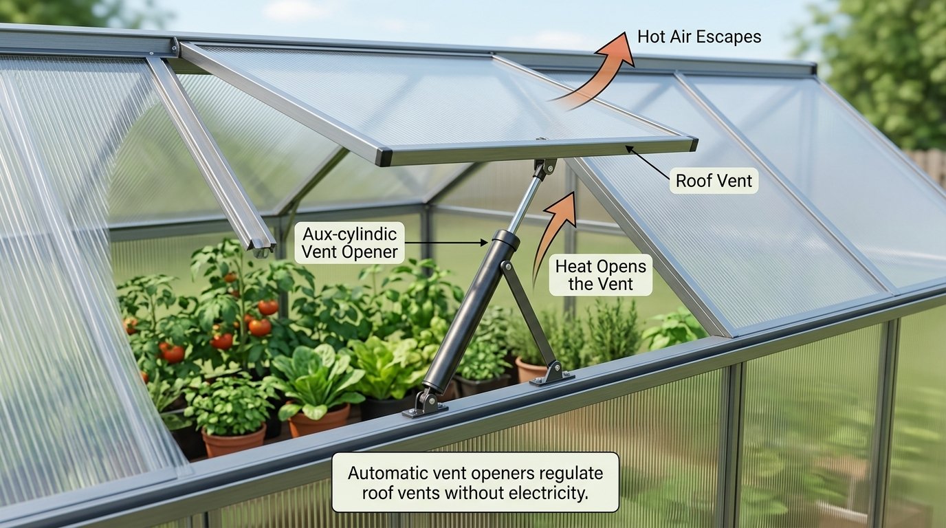 Close-up of a wax-cylinder automatic vent opener mounted on a greenhouse roof vent