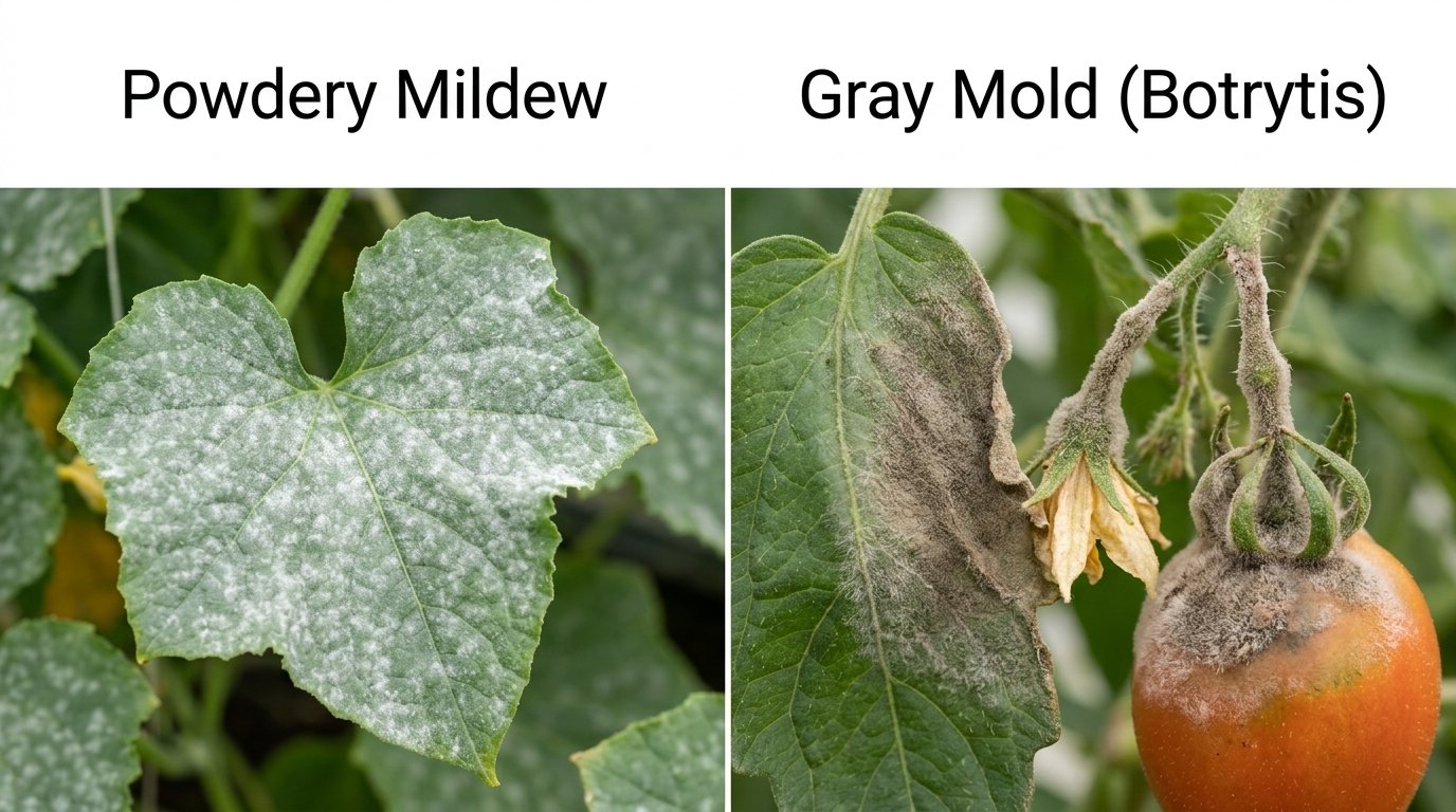 Common greenhouse diseases including powdery mildew and gray mold