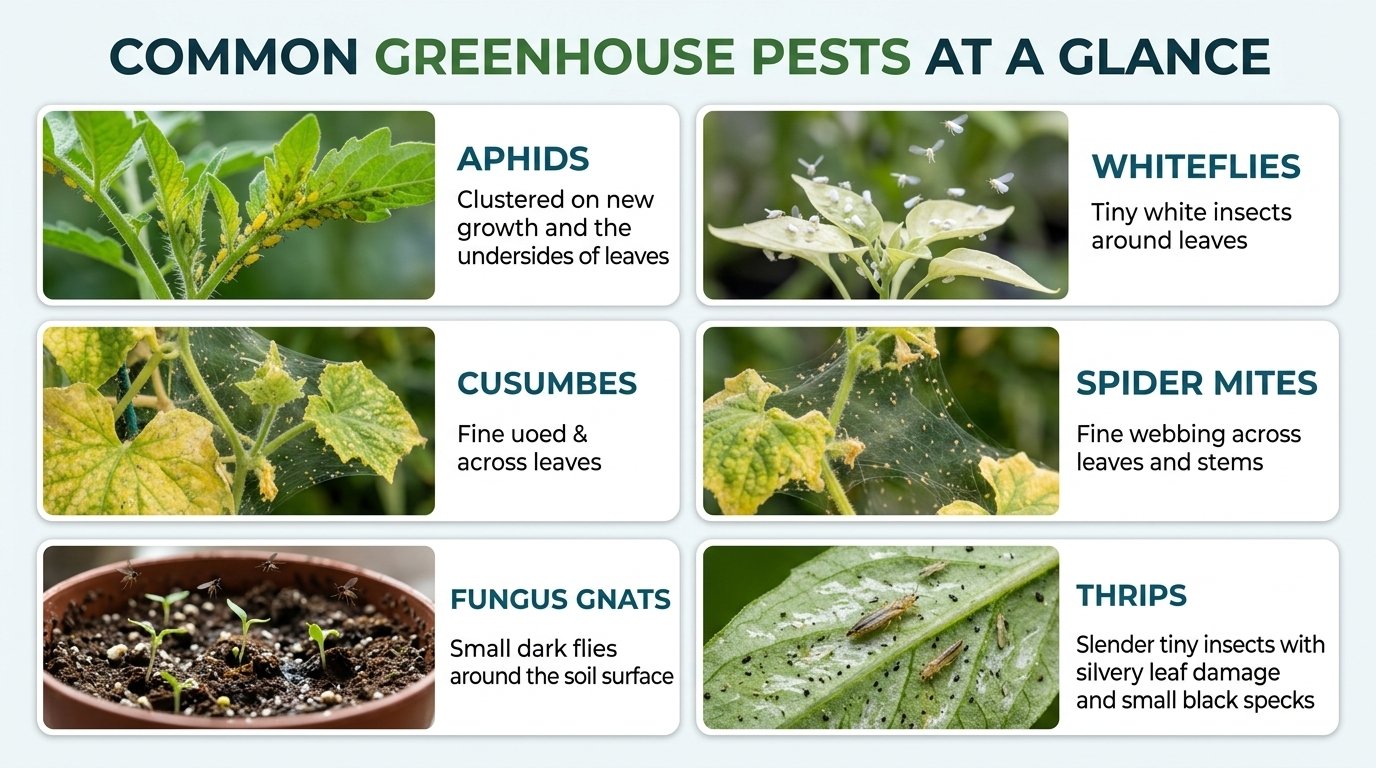 Identification chart showing common greenhouse pests and where to find them on a plant