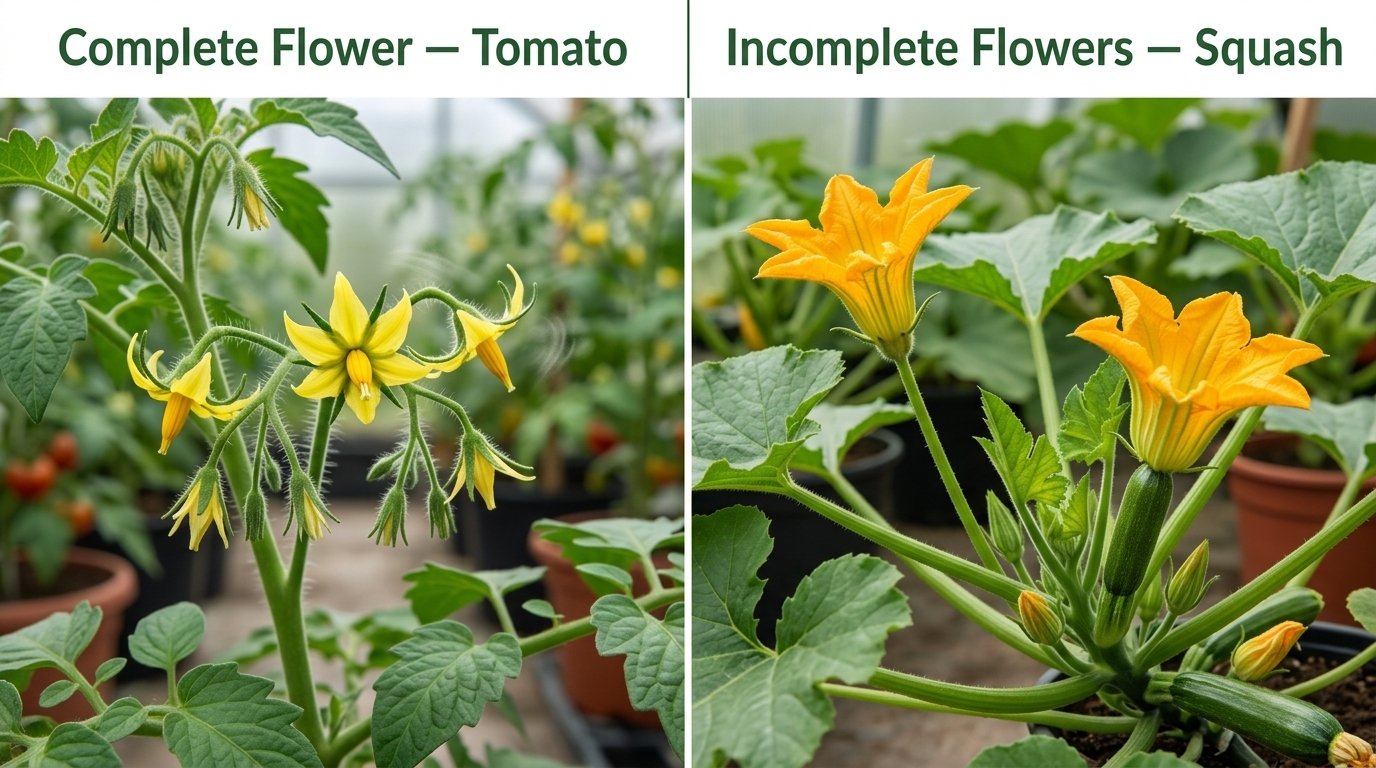 Side-by-side comparison of a tomato's complete flower and a squash plant's separate male and female flowers