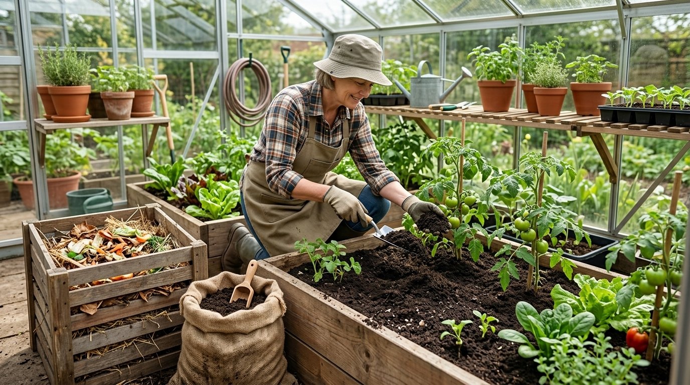 Small-scale compost bin suitable for a home greenhouse garden