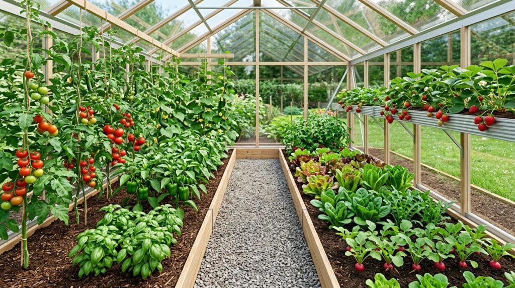 Well-planned greenhouse growing space with vegetables, herbs, and fruit crops