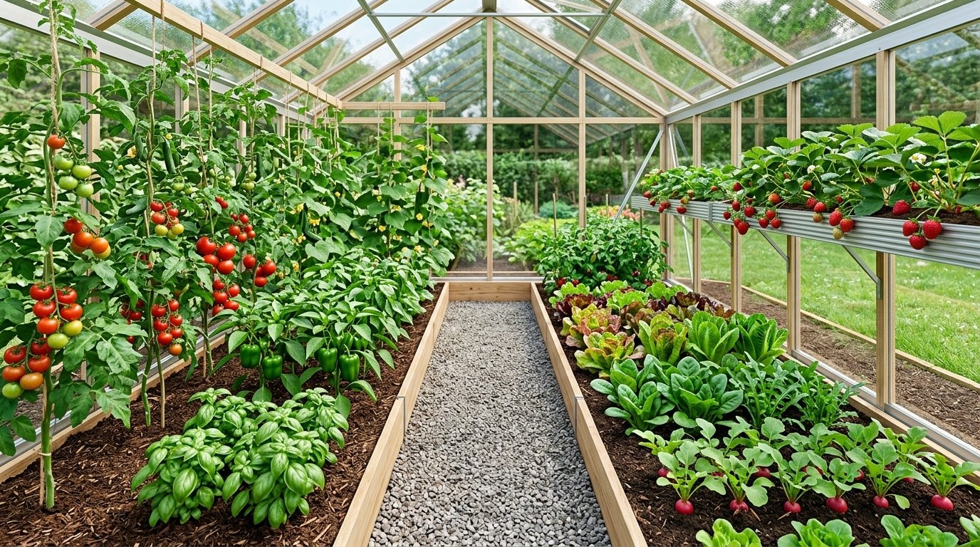 Well-planned greenhouse growing space with vegetables, herbs, and fruit crops
