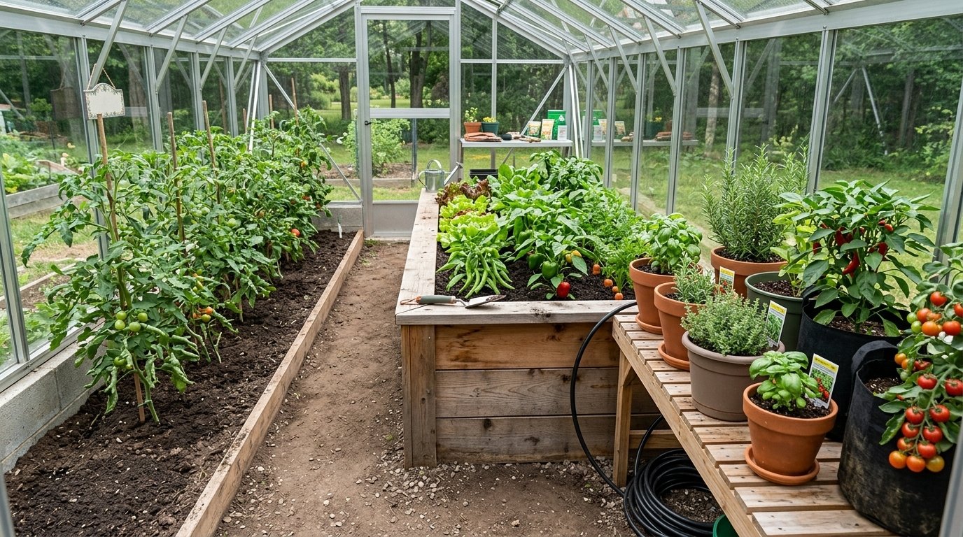 Side-by-side comparison of in-ground, raised bed, and container growing in a greenhouse