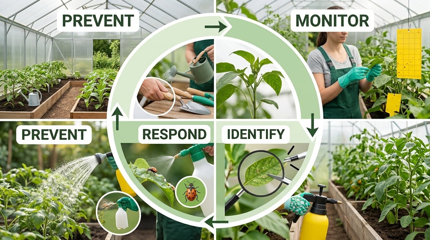 Four-step diagram showing the Integrated Pest Management cycle: prevent, monitor, identify, respond