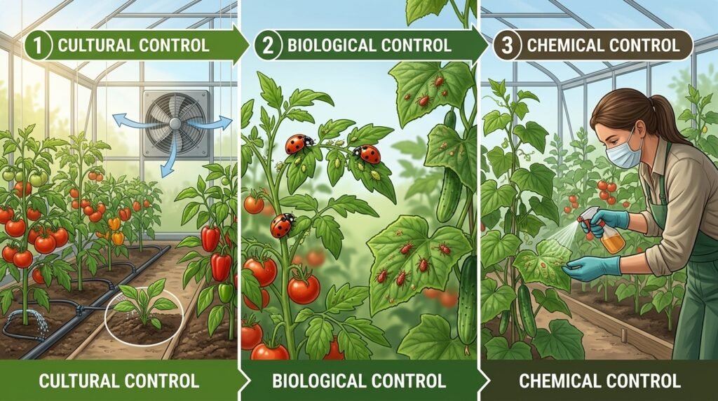 Cultural biological and chemical pest control methods in a greenhouse