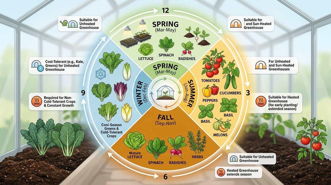 Seasonal wheel diagram showing greenhouse crops by season for heated and unheated setups