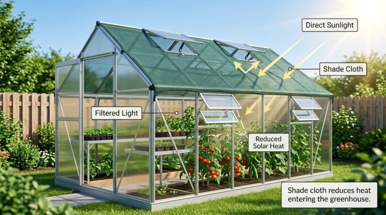 Shade netting installed over a greenhouse roof to reduce solar heat gain