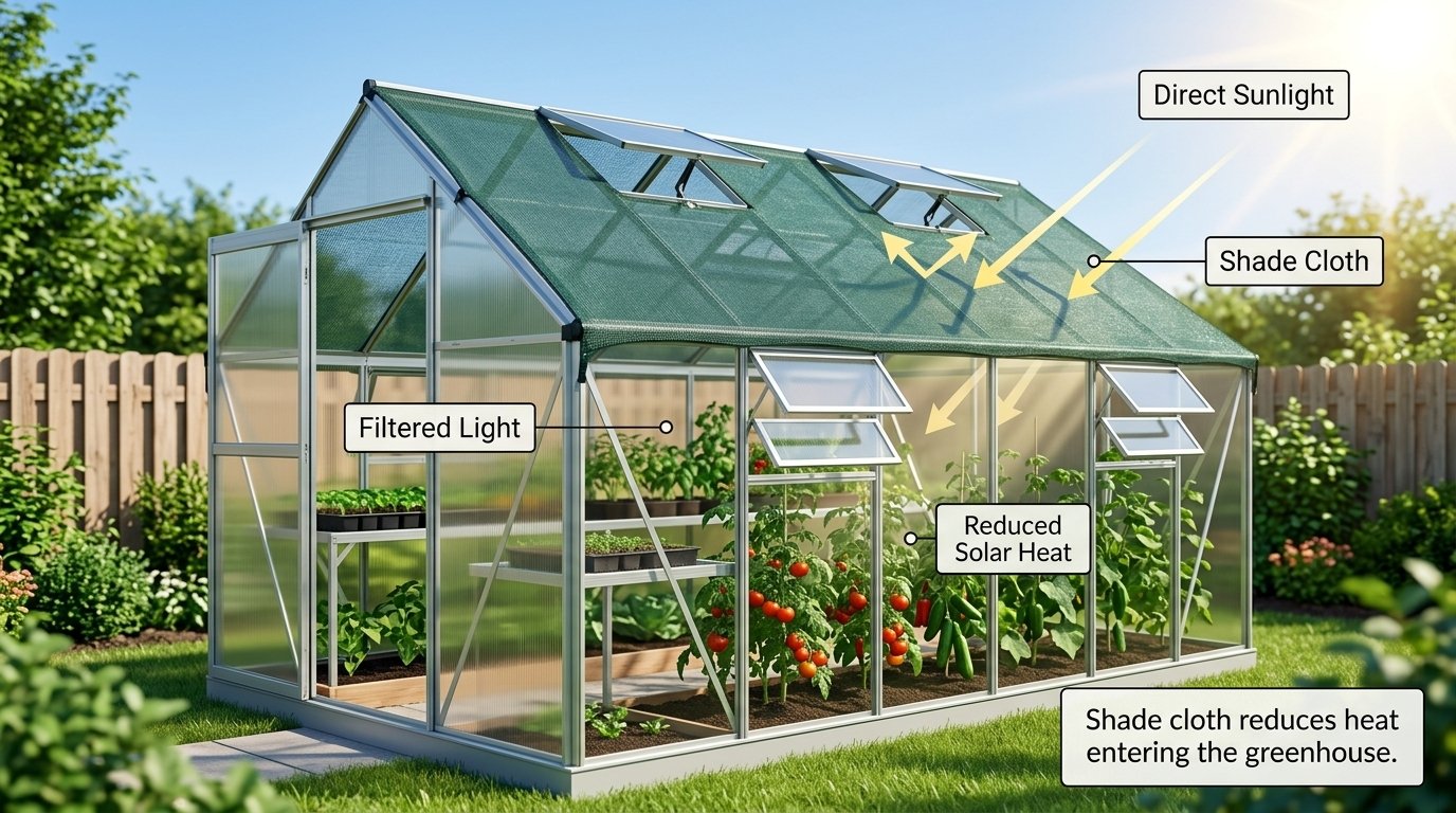 Shade netting installed over a greenhouse roof to reduce solar heat gain