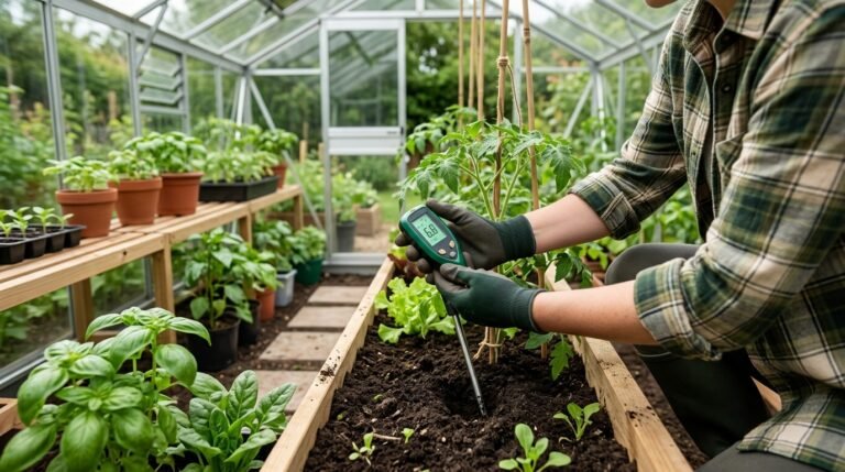 Gardener testing greenhouse soil pH with a home test kit