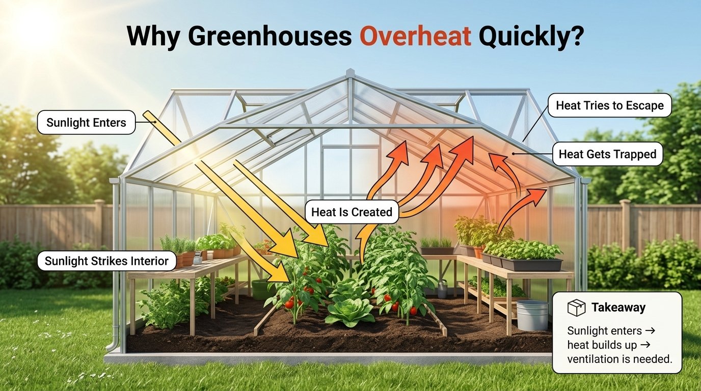 Cross-section diagram showing sunlight entering greenhouse glazing and heat becoming trapped inside