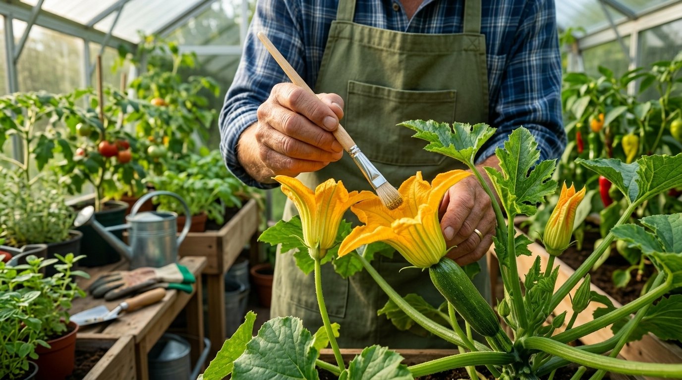 Hand using a small brush to transfer pollen between squash flowers in a greenhouse