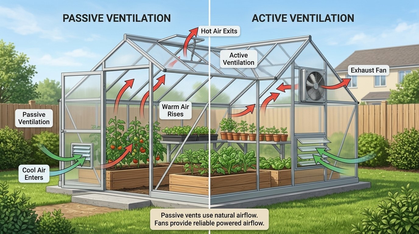 Passive and active greenhouse ventilation airflow