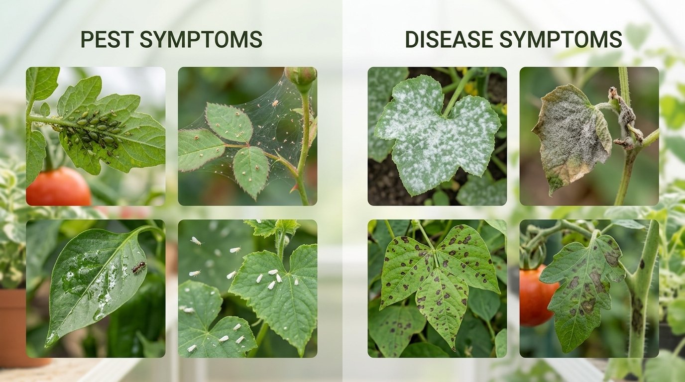 Side-by-side comparison of typical greenhouse pest symptoms and disease symptoms