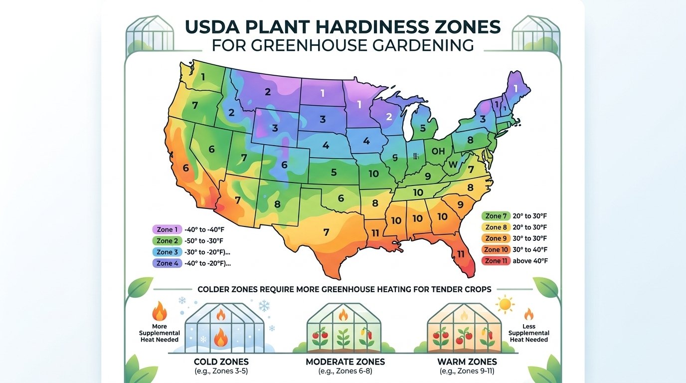 US hardiness zone map used to plan greenhouse heating and crop choices